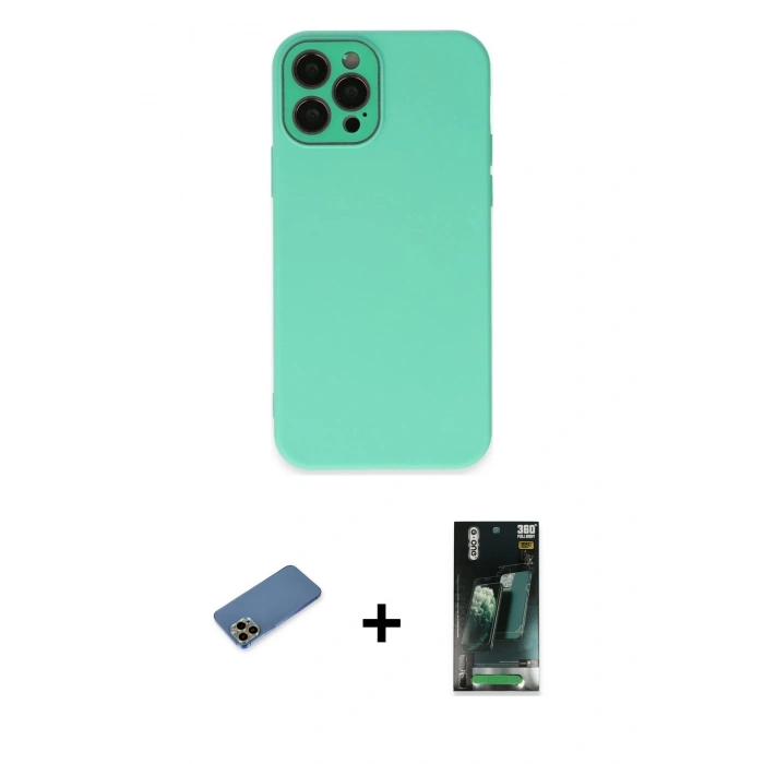 MARSİLYAN™- iPhone 12 Pro Kılıf Çekirdek Modern Serisi - Şeffaf 360 Full Body Arka Koruyucu + Shine Kamera Lens Koruma Cam - GD