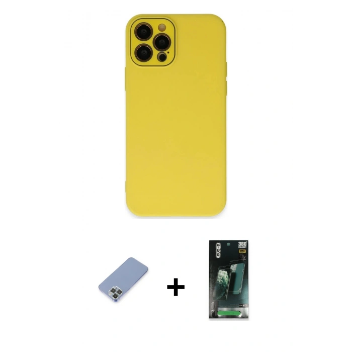 MARSİLYAN™- iPhone 12 Pro Kılıf Çekirdek Modern Serisi - Şeffaf 360 Full Body Arka Koruyucu + Metal Kamera Lens Koruma Cam - KUYL
