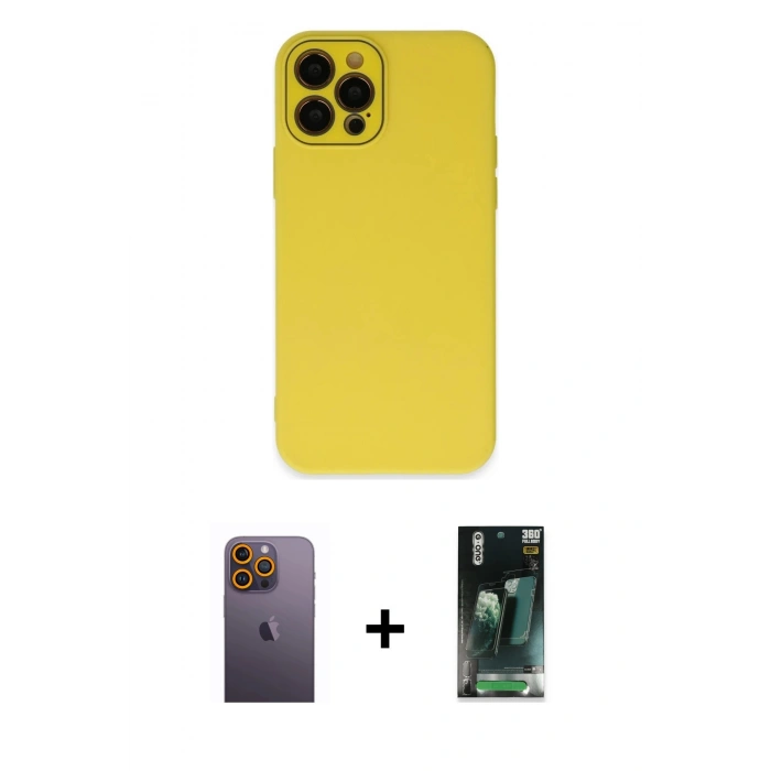 MARSİLYAN™- iPhone 12 Pro Kılıf Çekirdek Modern Serisi - Şeffaf 360 Full Body Arka Koruyucu + Sarı Neon Fosforlu Kamera Lens