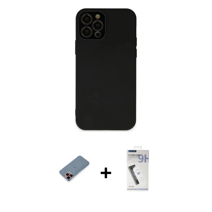 MARSİLYAN™- iPhone 12 Pro Kılıf Çekirdek Modern Serisi - Şeffaf Uv Polymer Nano Ekran Koruyucu + Metal Kamera Lens Koruma Cam - KI