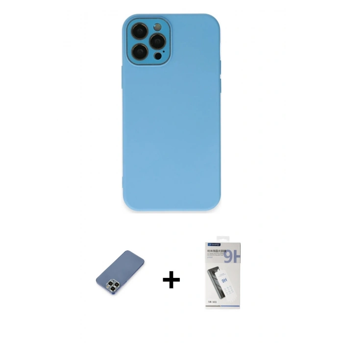MARSİLYAN™- iPhone 12 Pro Kılıf Çekirdek Modern Serisi - Şeffaf Uv Polymer Nano Ekran Koruyucu + Metal Kamera Lens Koruma Cam - AKYL