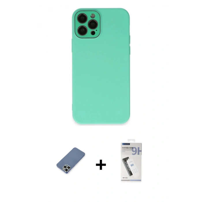 MARSİLYAN™- iPhone 12 Pro Kılıf Çekirdek Modern Serisi - Şeffaf Uv Polymer Nano Ekran Koruyucu + Metal Kamera Lens Koruma Cam - AKYL