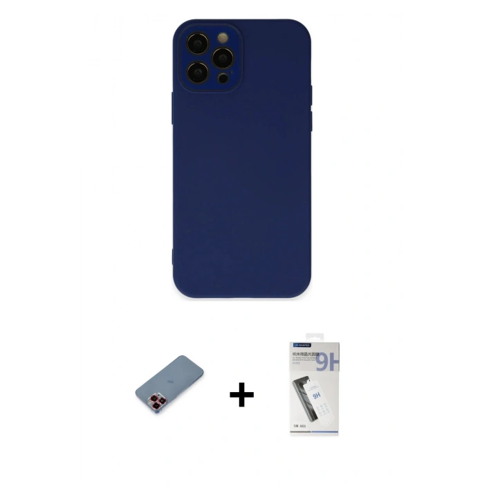 MARSİLYAN™- iPhone 12 Pro Kılıf Çekirdek Modern Serisi - Şeffaf Uv Polymer Nano Ekran Koruyucu + Metal Kamera Lens Koruma Cam - KI