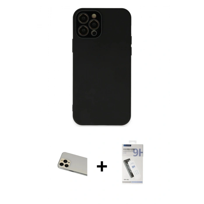 MARSİLYAN™- iPhone 12 Pro Kılıf Çekirdek Modern Serisi - Şeffaf Uv Polymer Nano Ekran Koruyucu + Rainbow Kamera Lens Koruma Cam - GD