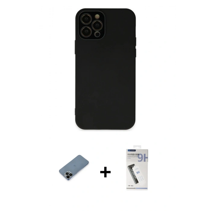 MARSİLYAN™- iPhone 12 Pro Kılıf Çekirdek Modern Serisi - Şeffaf Uv Polymer Nano Ekran Koruyucu + Shine Kamera Lens Koruma Cam - SH