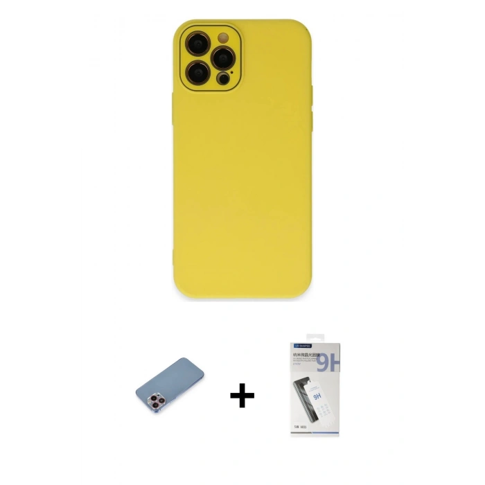 MARSİLYAN™- iPhone 12 Pro Kılıf Çekirdek Modern Serisi - Şeffaf Uv Polymer Nano Ekran Koruyucu + Shine Kamera Lens Koruma Cam - PE