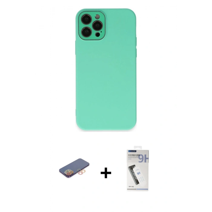 MARSİLYAN™- iPhone 12 Pro Kılıf Çekirdek Modern Serisi - Şeffaf Uv Polymer Nano Ekran Koruyucu + Renkli Kamera Lens Koruma Cam - TU