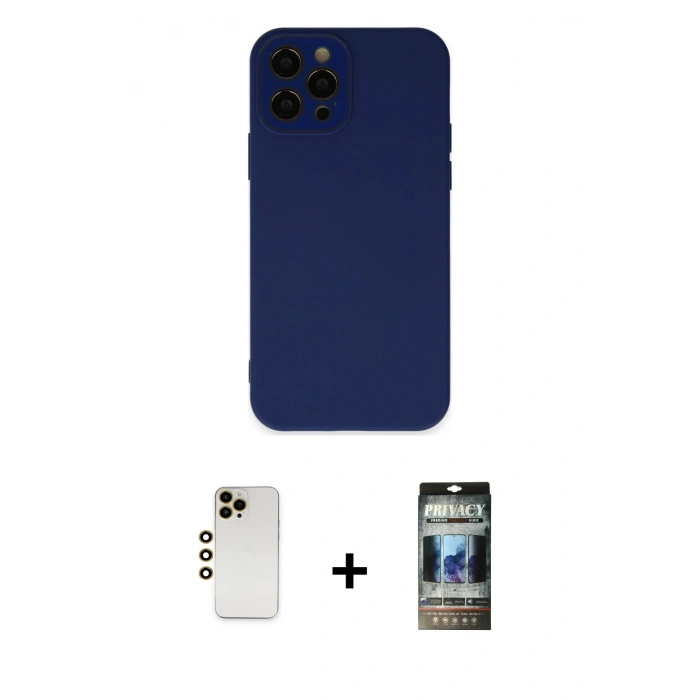 MARSİLYAN™- iPhone 12 Pro Kılıf Çekirdek Modern Serisi - Siyah 34D Hayalet Izgaralı Cam + Shine Kamera Lens - GD