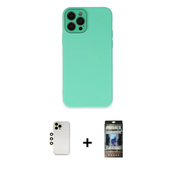 MARSİLYAN™- iPhone 12 Pro Kılıf Çekirdek Modern Serisi - Siyah 34D Hayalet Izgaralı Cam + Shine Kamera Lens - GD