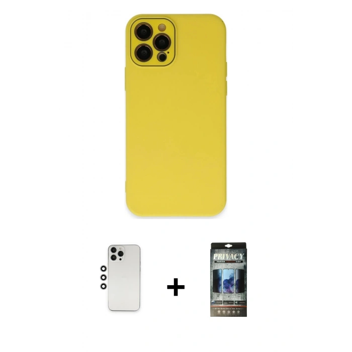 MARSİLYAN™- iPhone 12 Pro Kılıf Çekirdek Modern Serisi - Siyah 34D Hayalet Izgaralı Cam + Shine Kamera Lens - GS