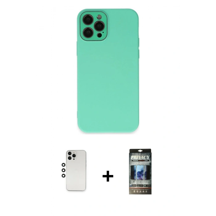 MARSİLYAN™- iPhone 12 Pro Kılıf Çekirdek Modern Serisi - Siyah 34D Hayalet Izgaralı Cam + Shine Kamera Lens - GS