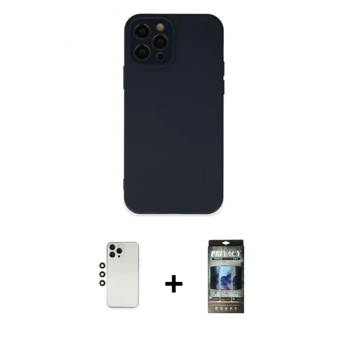 MARSİLYAN™- iPhone 12 Pro Kılıf Çekirdek Modern Serisi - Siyah 34D Hayalet Izgaralı Cam + Shine Kamera Lens - GS
