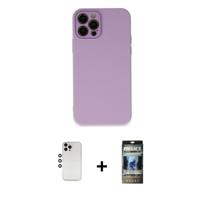 MARSİLYAN™- iPhone 12 Pro Kılıf Çekirdek Modern Serisi - Siyah 34D Hayalet Izgaralı Cam + Shine Kamera Lens - GS