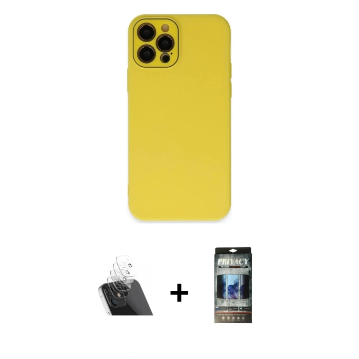 MARSİLYAN™- iPhone 12 Pro Kılıf Çekirdek Modern Serisi - Siyah 34D Hayalet Izgaralı Cam + Kamera Lens Koruma Cam - SF