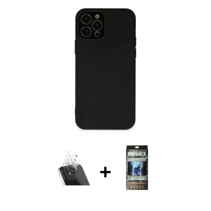 MARSİLYAN™- iPhone 12 Pro Kılıf Çekirdek Modern Serisi - Siyah 34D Hayalet Izgaralı Cam + Kamera Lens Koruma Cam - SF