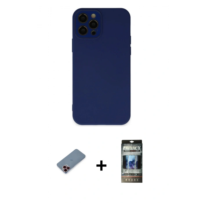 MARSİLYAN™- iPhone 12 Pro Kılıf Çekirdek Modern Serisi - Siyah 34D Hayalet Izgaralı Cam + Metal Kamera Lens Koruma Cam - KI