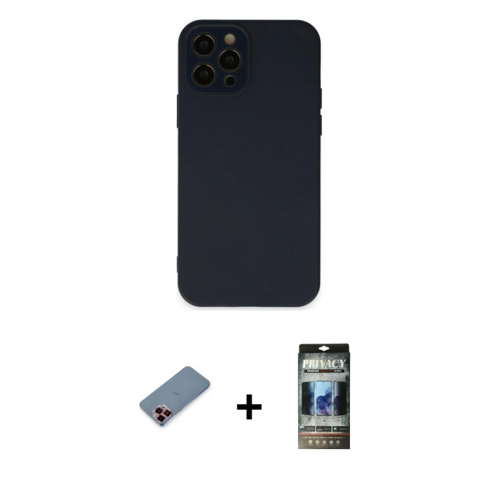 MARSİLYAN™- iPhone 12 Pro Kılıf Çekirdek Modern Serisi - Siyah 34D Hayalet Izgaralı Cam + Metal Kamera Lens Koruma Cam - KI