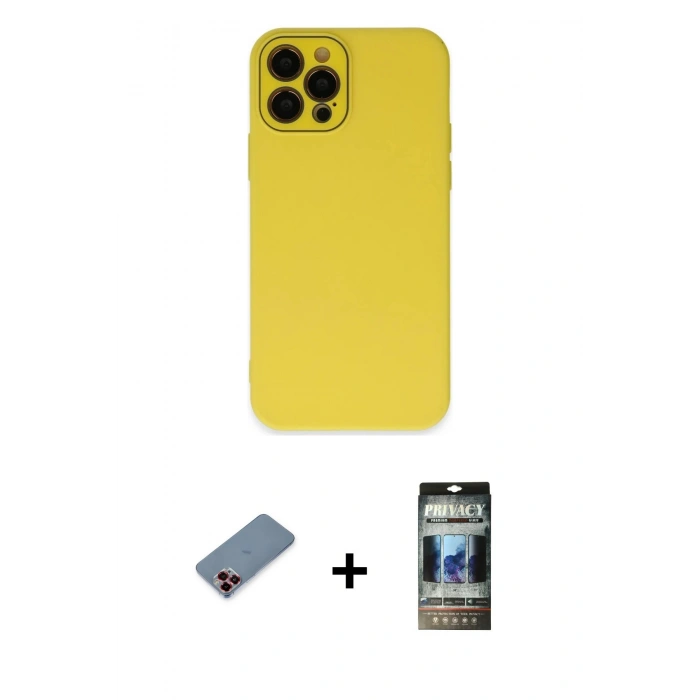 MARSİLYAN™- iPhone 12 Pro Kılıf Çekirdek Modern Serisi - Siyah 34D Hayalet Izgaralı Cam + Metal Kamera Lens Koruma Cam - KI