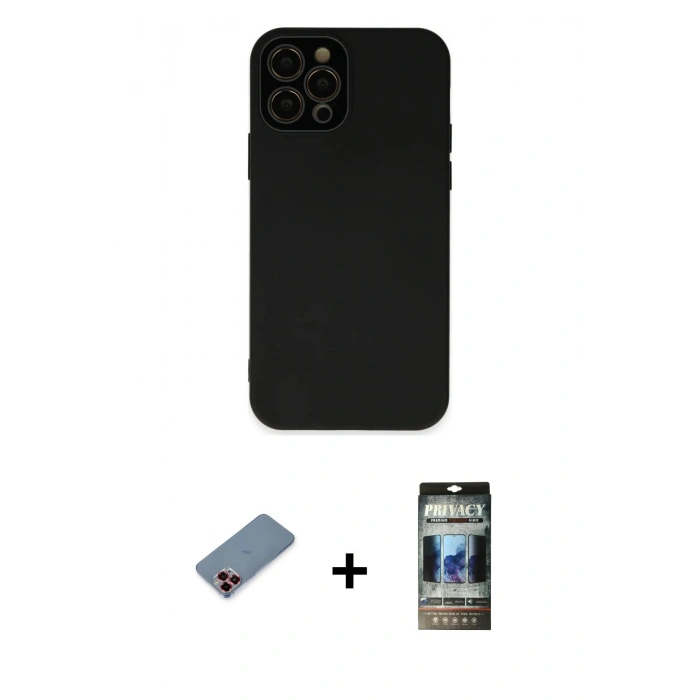 MARSİLYAN™- iPhone 12 Pro Kılıf Çekirdek Modern Serisi - Siyah 34D Hayalet Izgaralı Cam + Metal Kamera Lens Koruma Cam - KI