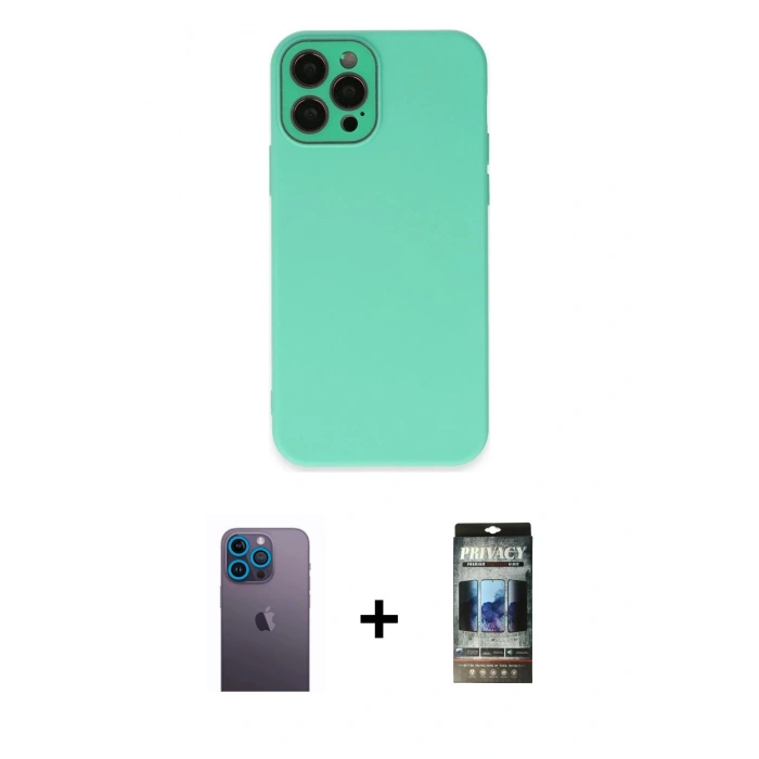 MARSİLYAN™- iPhone 12 Pro Kılıf Çekirdek Modern Serisi - Siyah 34D Hayalet Izgaralı Cam + Neon Fosforlu Kamera Lens - MI