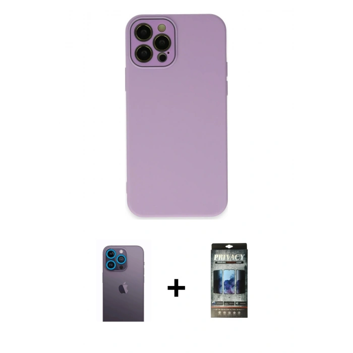 MARSİLYAN™- iPhone 12 Pro Kılıf Çekirdek Modern Serisi - Siyah 34D Hayalet Izgaralı Cam + Neon Fosforlu Kamera Lens - MI