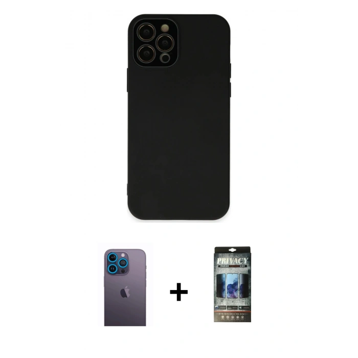 MARSİLYAN™- iPhone 12 Pro Kılıf Çekirdek Modern Serisi - Siyah 34D Hayalet Izgaralı Cam + Neon Fosforlu Kamera Lens - MI