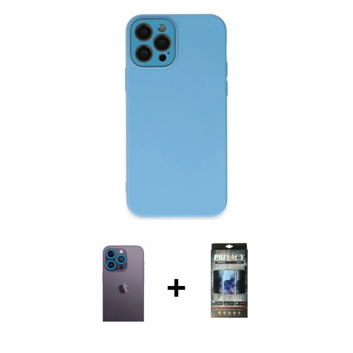 MARSİLYAN™- iPhone 12 Pro Kılıf Çekirdek Modern Serisi - Siyah 34D Hayalet Izgaralı Cam + Neon Fosforlu Kamera Lens - MI