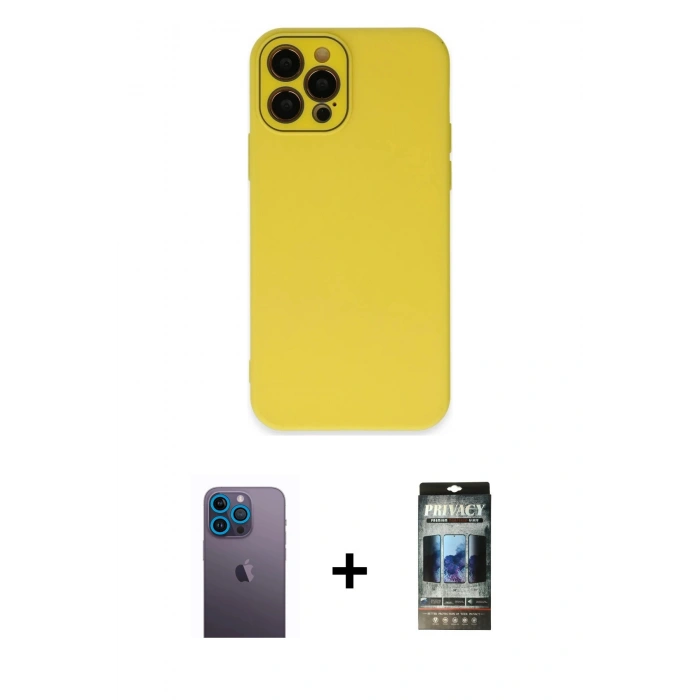 MARSİLYAN™- iPhone 12 Pro Kılıf Çekirdek Modern Serisi - Siyah 34D Hayalet Izgaralı Cam + Neon Fosforlu Kamera Lens - MI