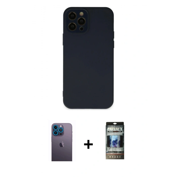 MARSİLYAN™- iPhone 12 Pro Kılıf Çekirdek Modern Serisi - Siyah 34D Hayalet Izgaralı Cam + Neon Fosforlu Kamera Lens - MI