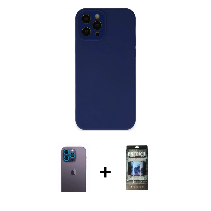 MARSİLYAN™- iPhone 12 Pro Kılıf Çekirdek Modern Serisi - Siyah 34D Hayalet Izgaralı Cam + Neon Fosforlu Kamera Lens - MI