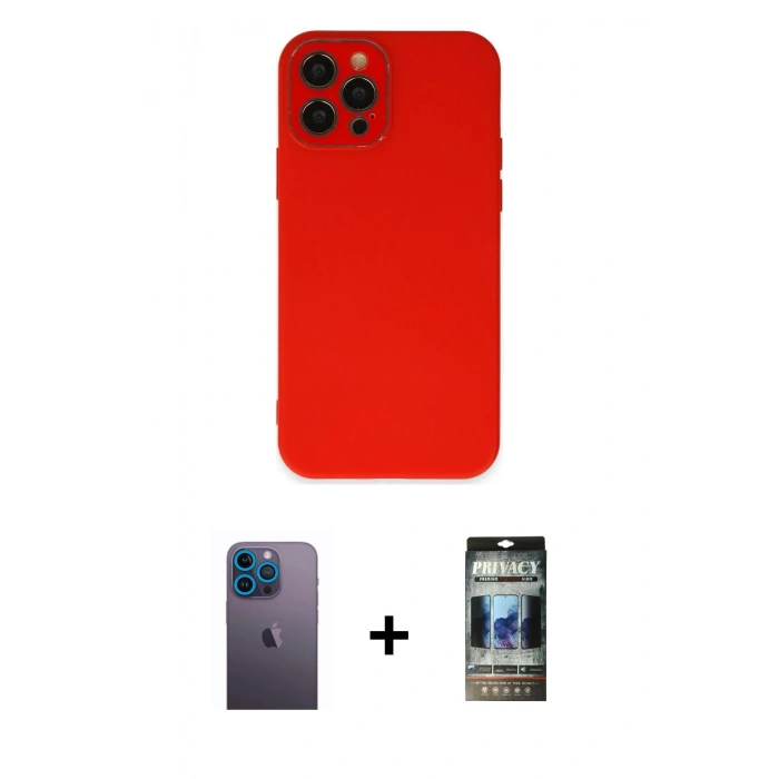 MARSİLYAN™- iPhone 12 Pro Kılıf Çekirdek Modern Serisi - Siyah 34D Hayalet Izgaralı Cam + Neon Fosforlu Kamera Lens - MI
