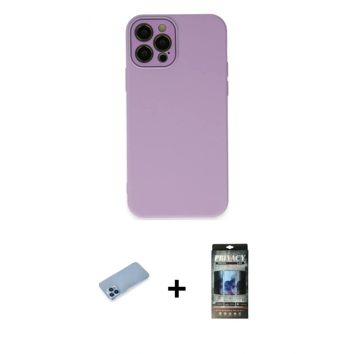 MARSİLYAN™- iPhone 12 Pro Kılıf Çekirdek Modern Serisi - Siyah 34D Hayalet Izgaralı Cam + Shine Kamera Lens Koruma Cam - MI