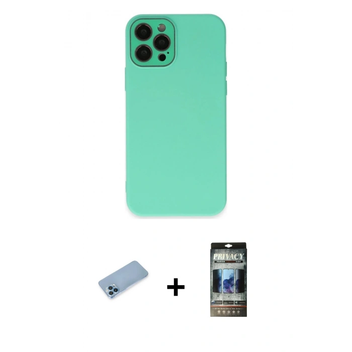 MARSİLYAN™- iPhone 12 Pro Kılıf Çekirdek Modern Serisi - Siyah 34D Hayalet Izgaralı Cam + Shine Kamera Lens Koruma Cam - MI