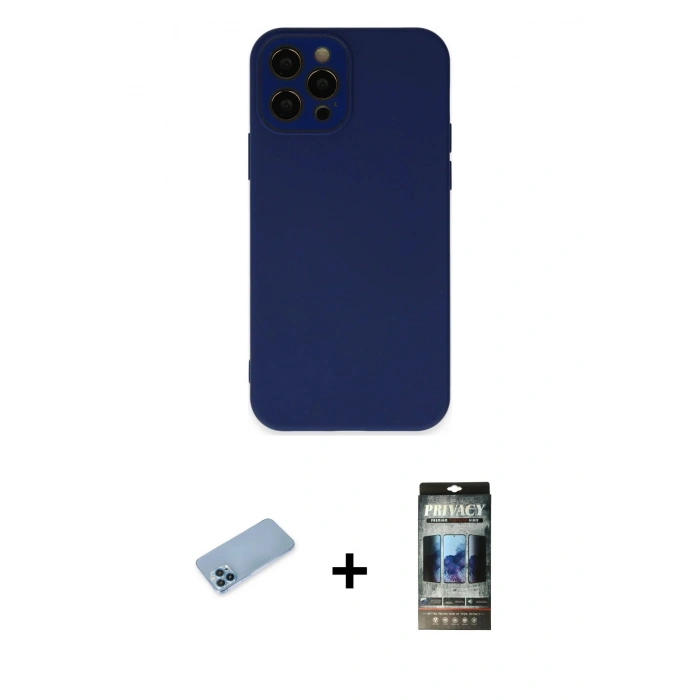 MARSİLYAN™- iPhone 12 Pro Kılıf Çekirdek Modern Serisi - Siyah 34D Hayalet Izgaralı Cam + Shine Kamera Lens Koruma Cam - MI