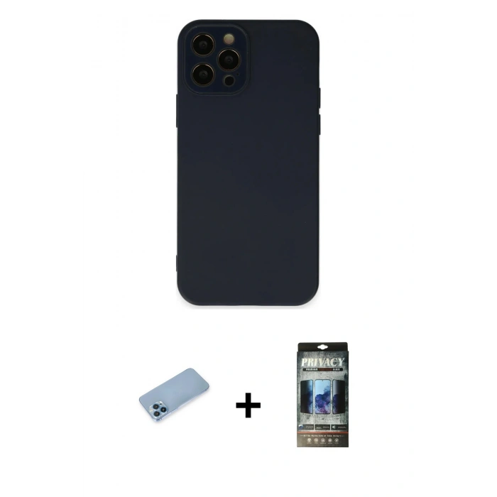 MARSİLYAN™- iPhone 12 Pro Kılıf Çekirdek Modern Serisi - Siyah 34D Hayalet Izgaralı Cam + Shine Kamera Lens Koruma Cam - MI