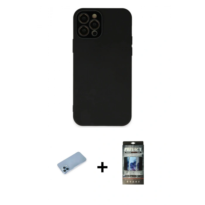 MARSİLYAN™- iPhone 12 Pro Kılıf Çekirdek Modern Serisi - Siyah 34D Hayalet Izgaralı Cam + Shine Kamera Lens Koruma Cam - MI