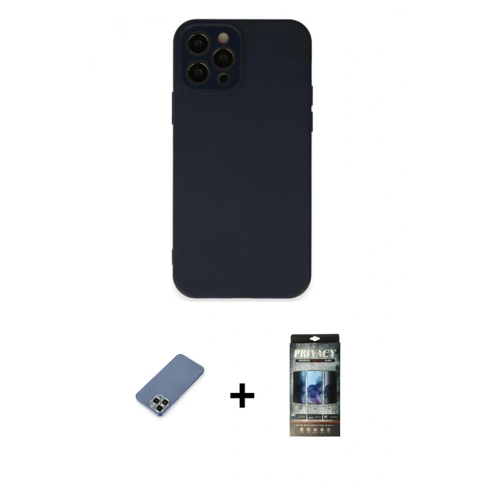 MARSİLYAN™- iPhone 12 Pro Kılıf Çekirdek Modern Serisi - Siyah 34D Hayalet Izgaralı Cam + Metal Kamera Lens Koruma Cam - AKYL