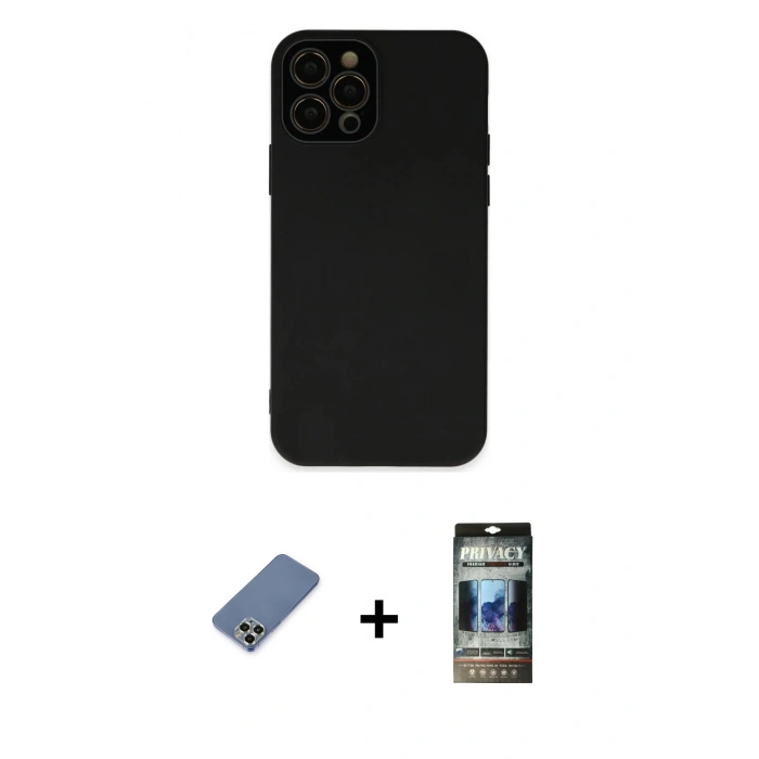 MARSİLYAN™- iPhone 12 Pro Kılıf Çekirdek Modern Serisi - Siyah 34D Hayalet Izgaralı Cam + Metal Kamera Lens Koruma Cam - AKYL