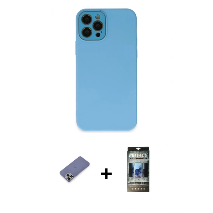 MARSİLYAN™- iPhone 12 Pro Kılıf Çekirdek Modern Serisi - Siyah 34D Hayalet Izgaralı Cam + Metal Kamera Lens Koruma Cam - GD