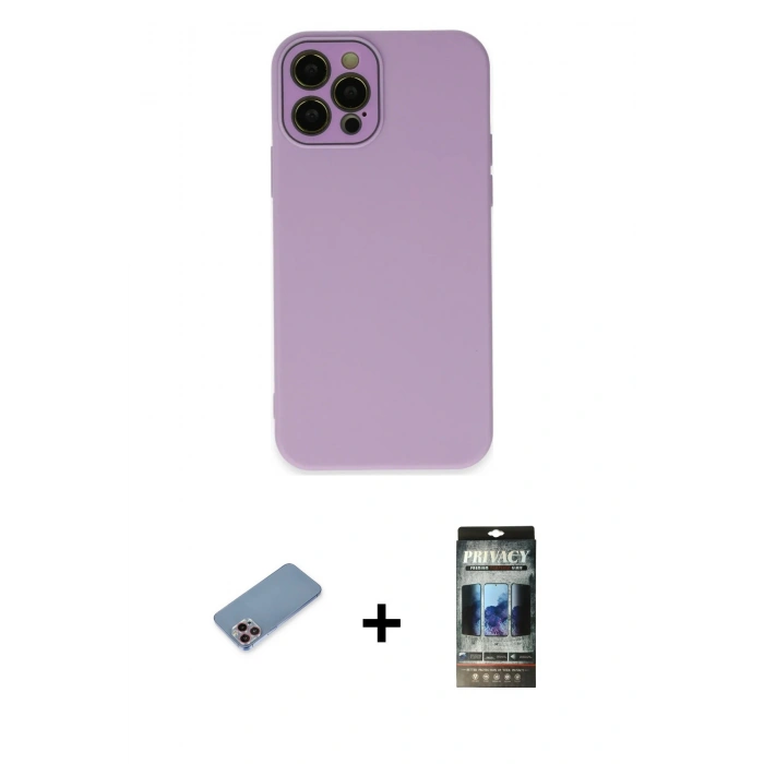 MARSİLYAN™- iPhone 12 Pro Kılıf Çekirdek Modern Serisi - Siyah 34D Hayalet Izgaralı Cam + Pembe Shine Kamera Lens Koruma Cam