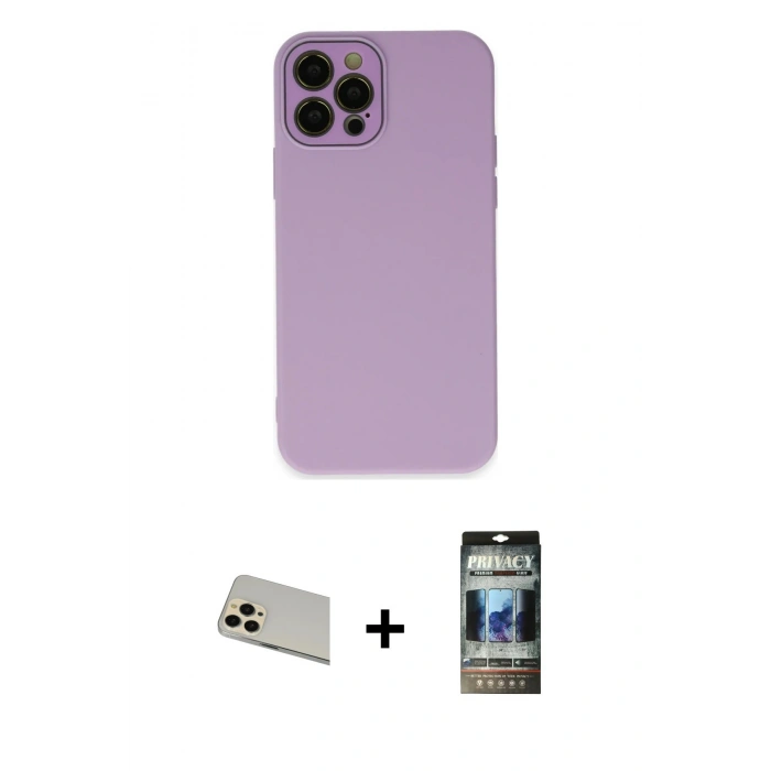MARSİLYAN™- iPhone 12 Pro Kılıf Çekirdek Modern Serisi - Siyah 34D Hayalet Izgaralı Cam + Rainbow Kamera Lens Koruma Cam - GD