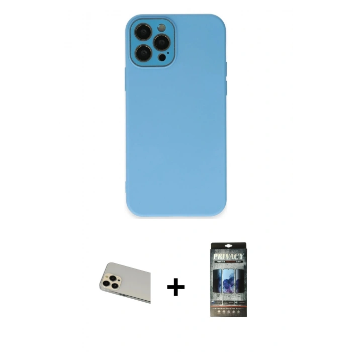 MARSİLYAN™- iPhone 12 Pro Kılıf Çekirdek Modern Serisi - Siyah 34D Hayalet Izgaralı Cam + Rainbow Kamera Lens Koruma Cam - GD