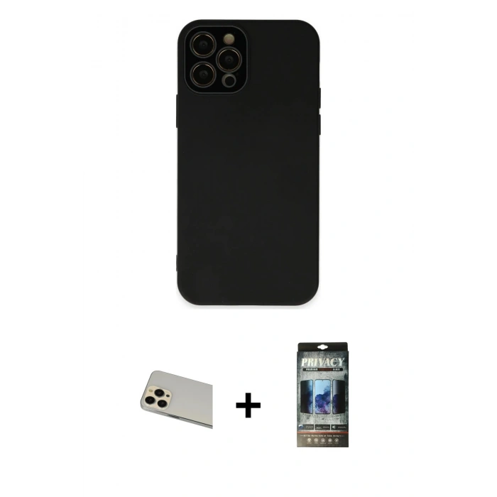 MARSİLYAN™- iPhone 12 Pro Kılıf Çekirdek Modern Serisi - Siyah 34D Hayalet Izgaralı Cam + Rainbow Kamera Lens Koruma Cam - GD
