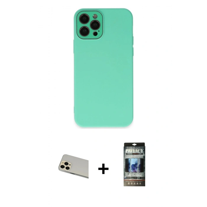 MARSİLYAN™- iPhone 12 Pro Kılıf Çekirdek Modern Serisi - Siyah 34D Hayalet Izgaralı Cam + Rainbow Kamera Lens Koruma Cam - GD