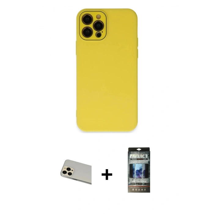 MARSİLYAN™- iPhone 12 Pro Kılıf Çekirdek Modern Serisi - Siyah 34D Hayalet Izgaralı Cam + Rainbow Kamera Lens Koruma Cam - GD