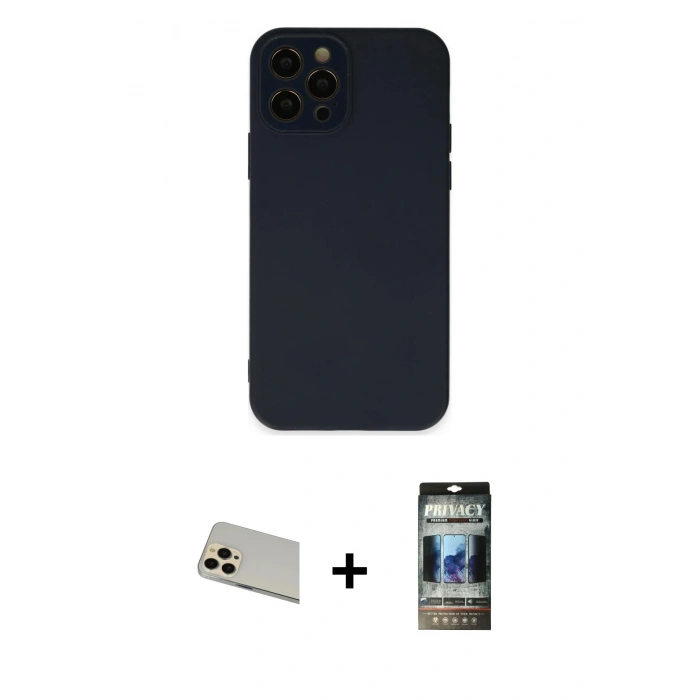 MARSİLYAN™- iPhone 12 Pro Kılıf Çekirdek Modern Serisi - Siyah 34D Hayalet Izgaralı Cam + Rainbow Kamera Lens Koruma Cam - GD