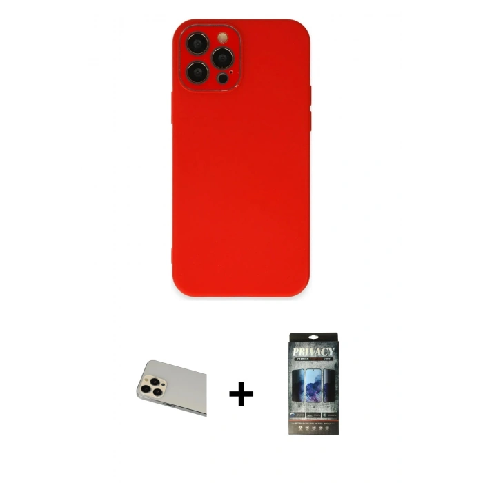 MARSİLYAN™- iPhone 12 Pro Kılıf Çekirdek Modern Serisi - Siyah 34D Hayalet Izgaralı Cam + Rainbow Kamera Lens Koruma Cam - GD