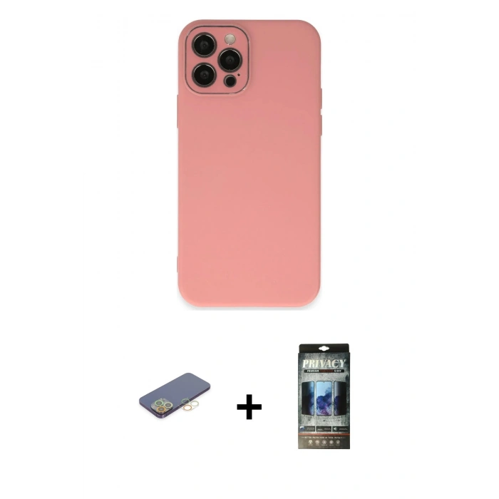 MARSİLYAN™- iPhone 12 Pro Kılıf Çekirdek Modern Serisi - Siyah 34D Hayalet Izgaralı Cam + Renkli Kamera Lens Koruma Cam - SI