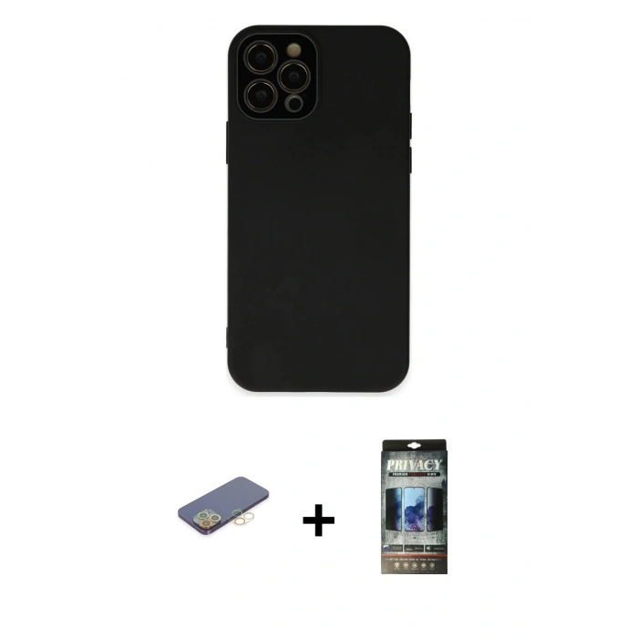 MARSİLYAN™- iPhone 12 Pro Kılıf Çekirdek Modern Serisi - Siyah 34D Hayalet Izgaralı Cam + Renkli Kamera Lens Koruma Cam - SI