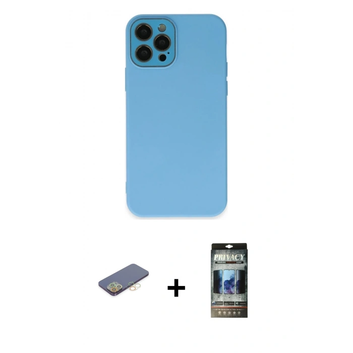 MARSİLYAN™- iPhone 12 Pro Kılıf Çekirdek Modern Serisi - Siyah 34D Hayalet Izgaralı Cam + Renkli Kamera Lens Koruma Cam - SI